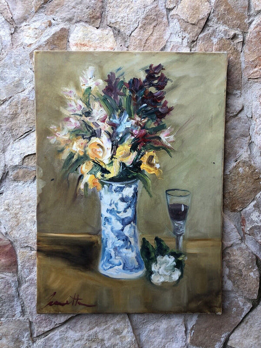 Quadro vintage -Vaso Con Fiori- dipinto a olio su tela
