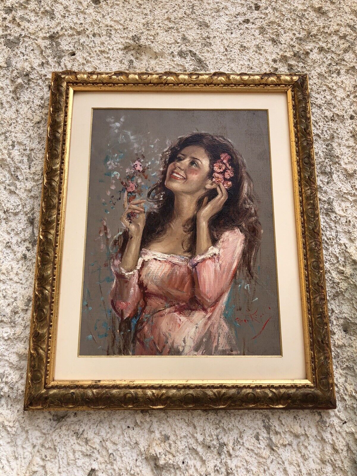 Quadro vintage -Fanciulla tra i fiori-dipinto a olio su tavola