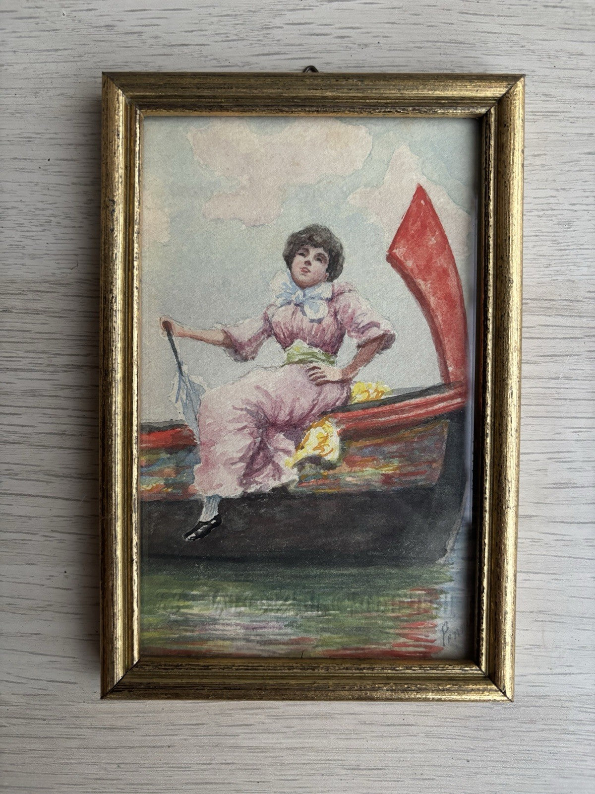 Piccolo quadro miniatura -Donna Su Barca- realizzato ad acquerello su carta