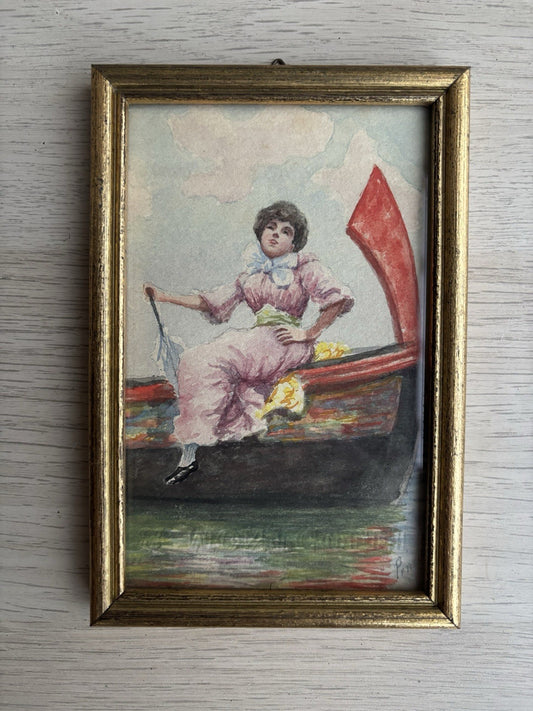 Piccolo quadro miniatura -Donna Su Barca- realizzato ad acquerello su carta
