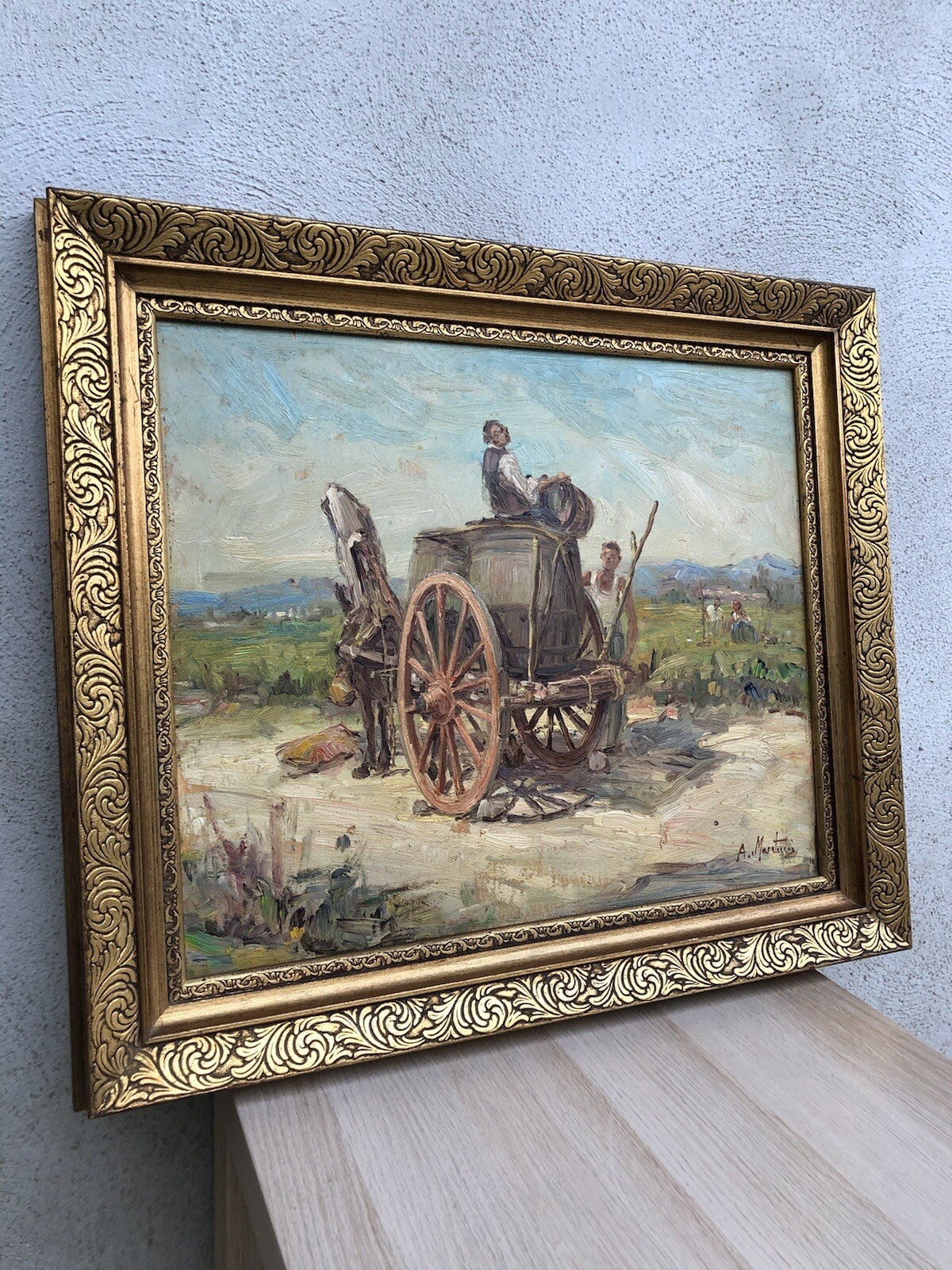 Quadro vintage -Paesaggio Con Carretto- dipinto a olio su tavoletta