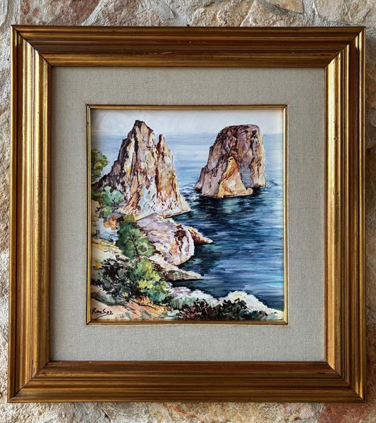 Quadro -Capri, I Faraglioni- dipinto su mattonella