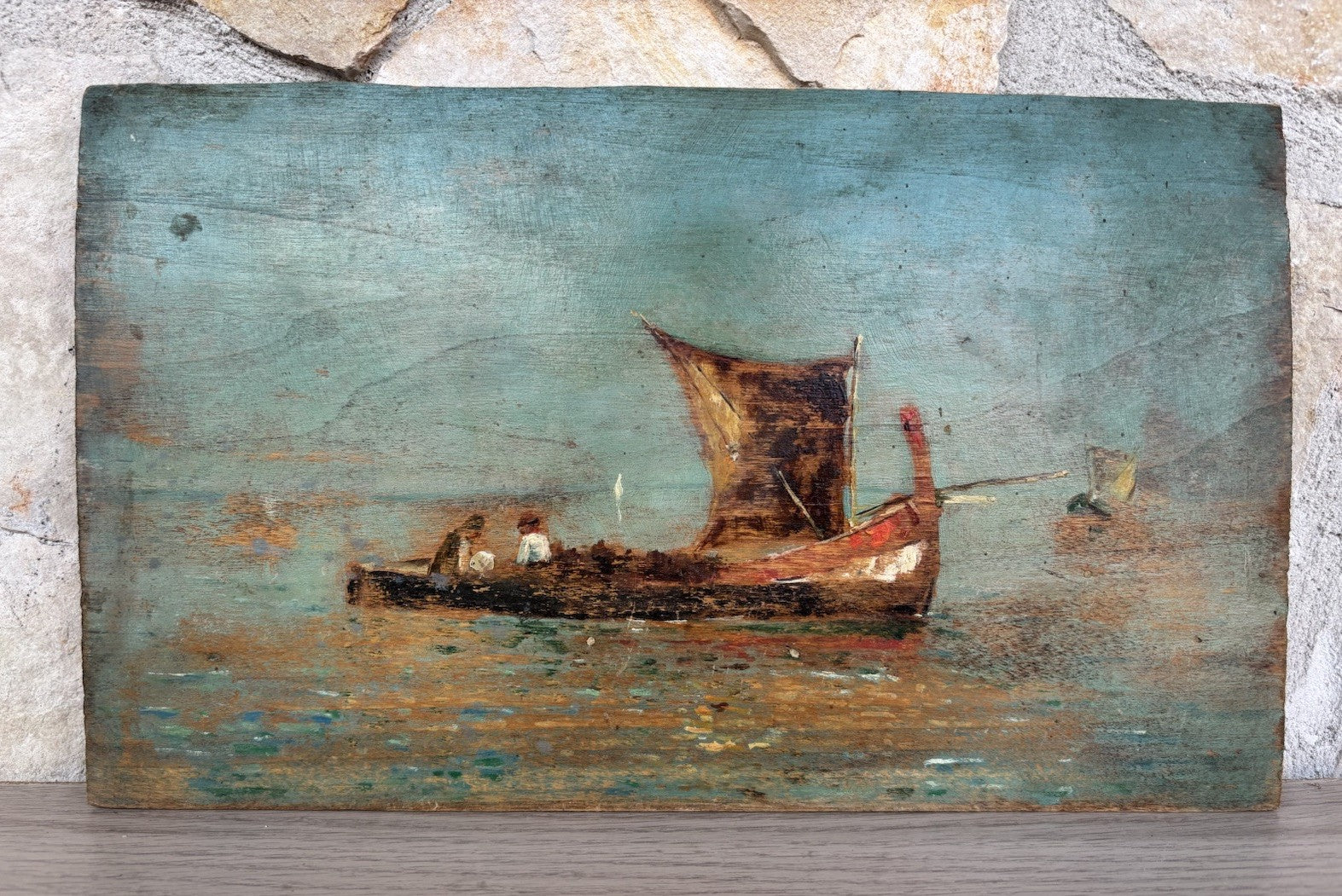 Quadro antico -Marina Con Barche- dipinto a olio su tavola