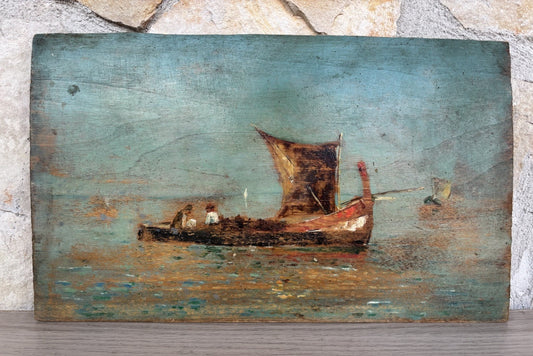 Quadro antico -Marina Con Barche- dipinto a olio su tavola