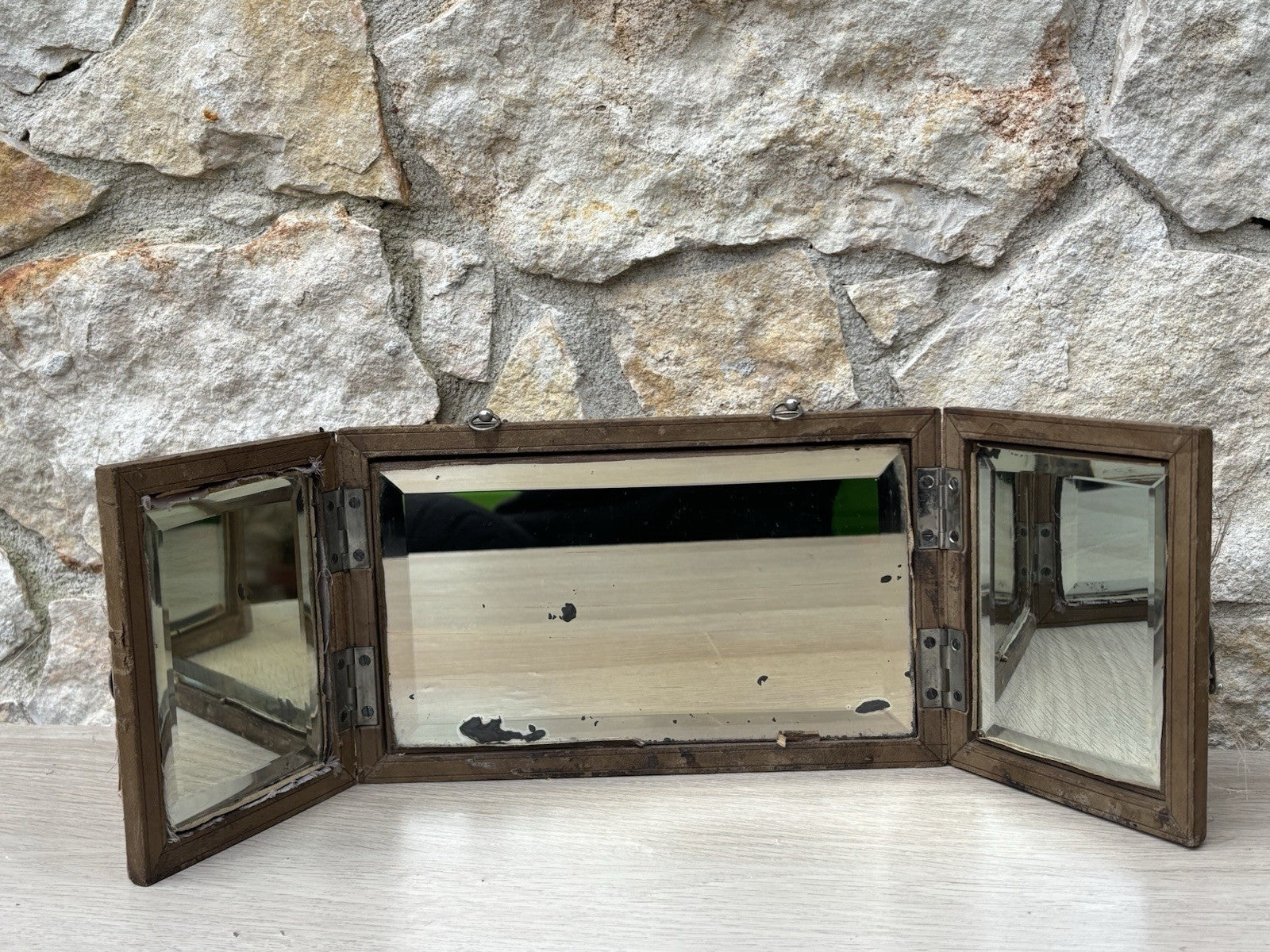 Specchio Trittico Da Barbiere Vintage In Legno Con Vetro Molato