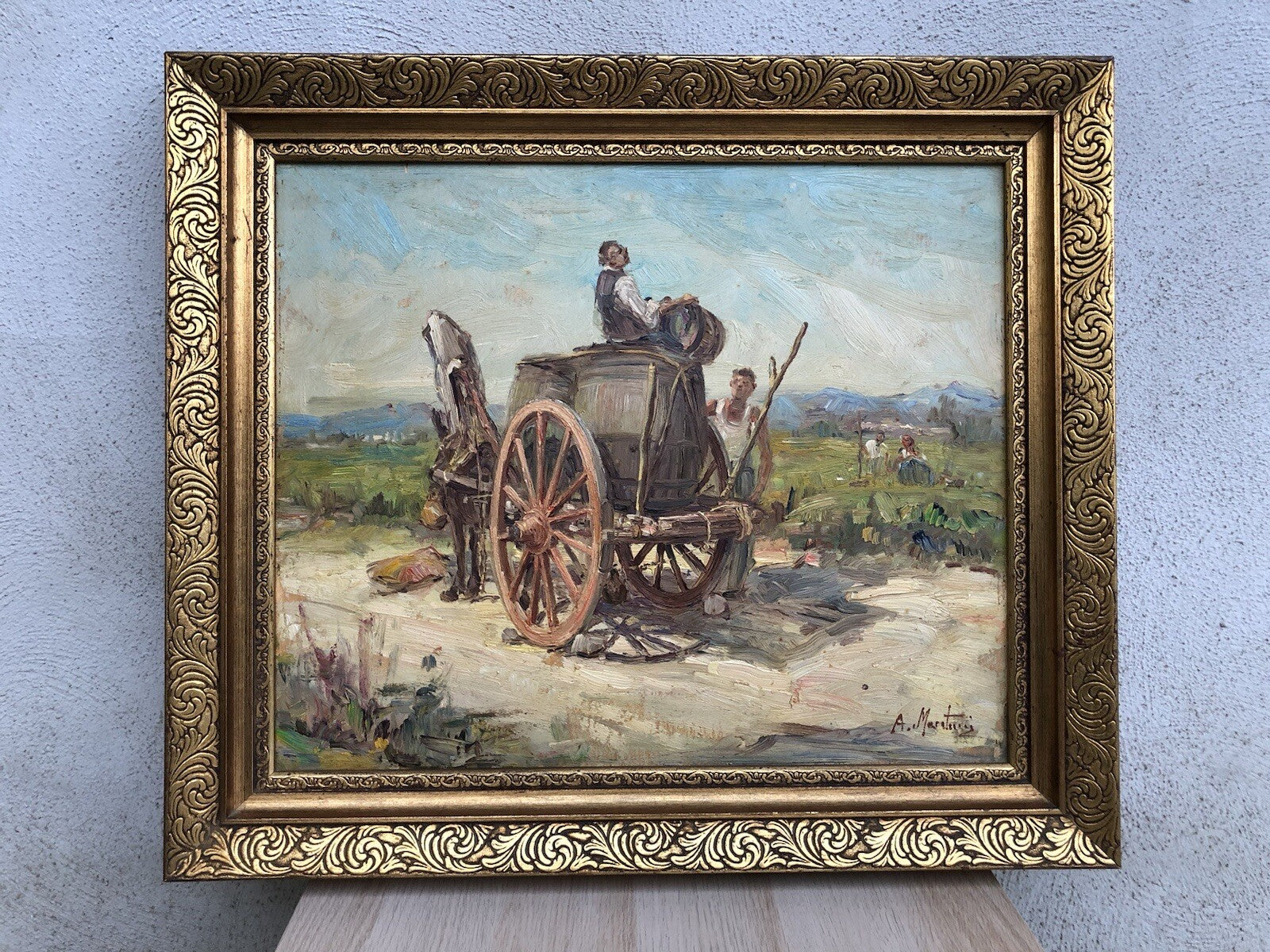 Quadro vintage -Paesaggio Con Carretto- dipinto a olio su tavoletta