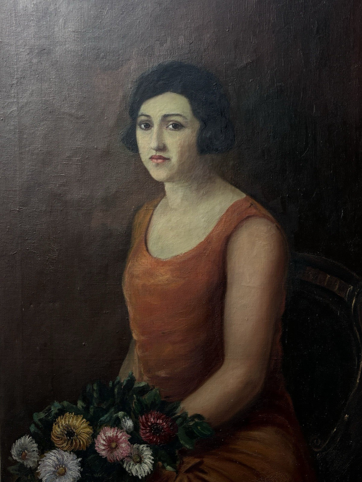 Grande quadro antico -Ritratto Di Donna- dipinto a olio su tela
