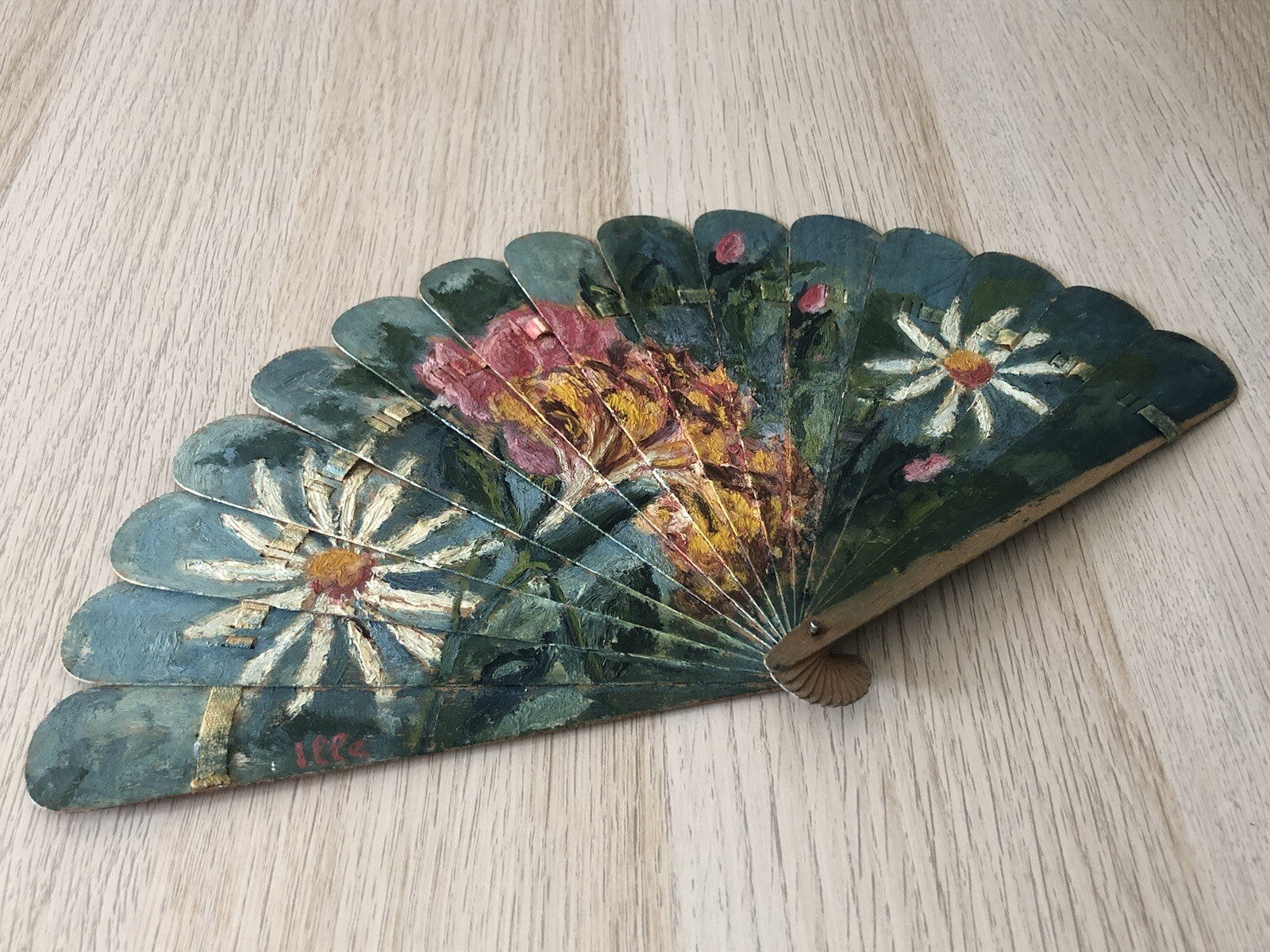 Ventaglio In Legno Dipinto A Olio Vintage