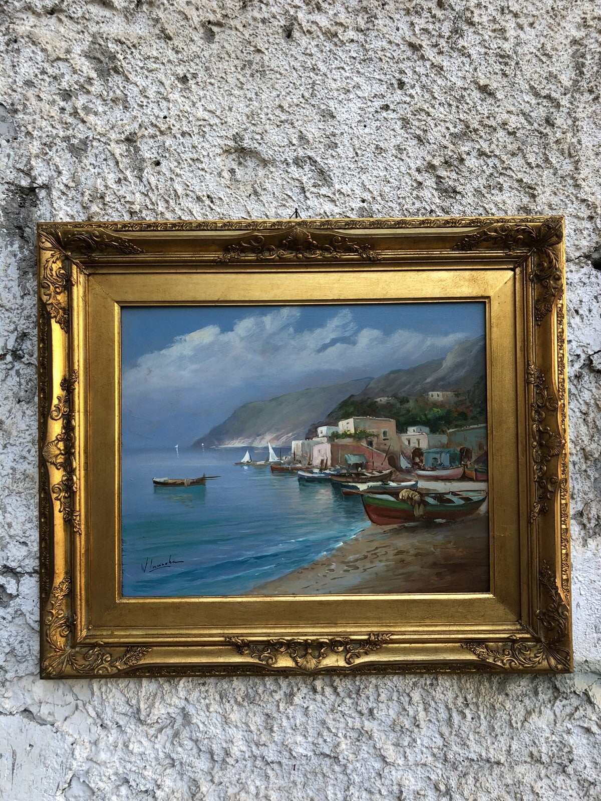 Quadro vintage -Marina Con Barche- dipinto a olio
