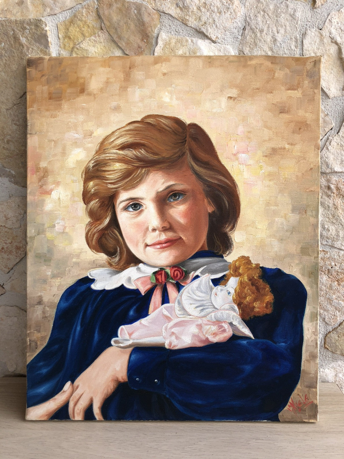 Quadro -Ragazza Con Bambola- dipinto a olio su tela