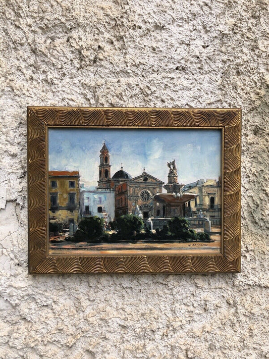 Quadro vintage -Piazza- dipinto a olio su tela