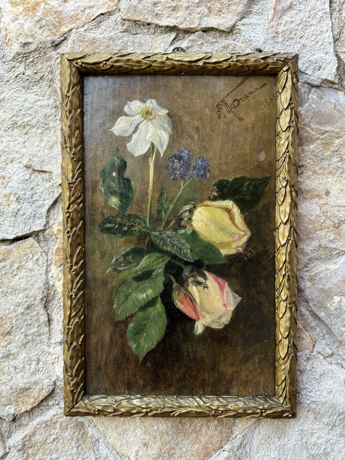 Quadro antico -Fiori- dipinto a olio su tavola