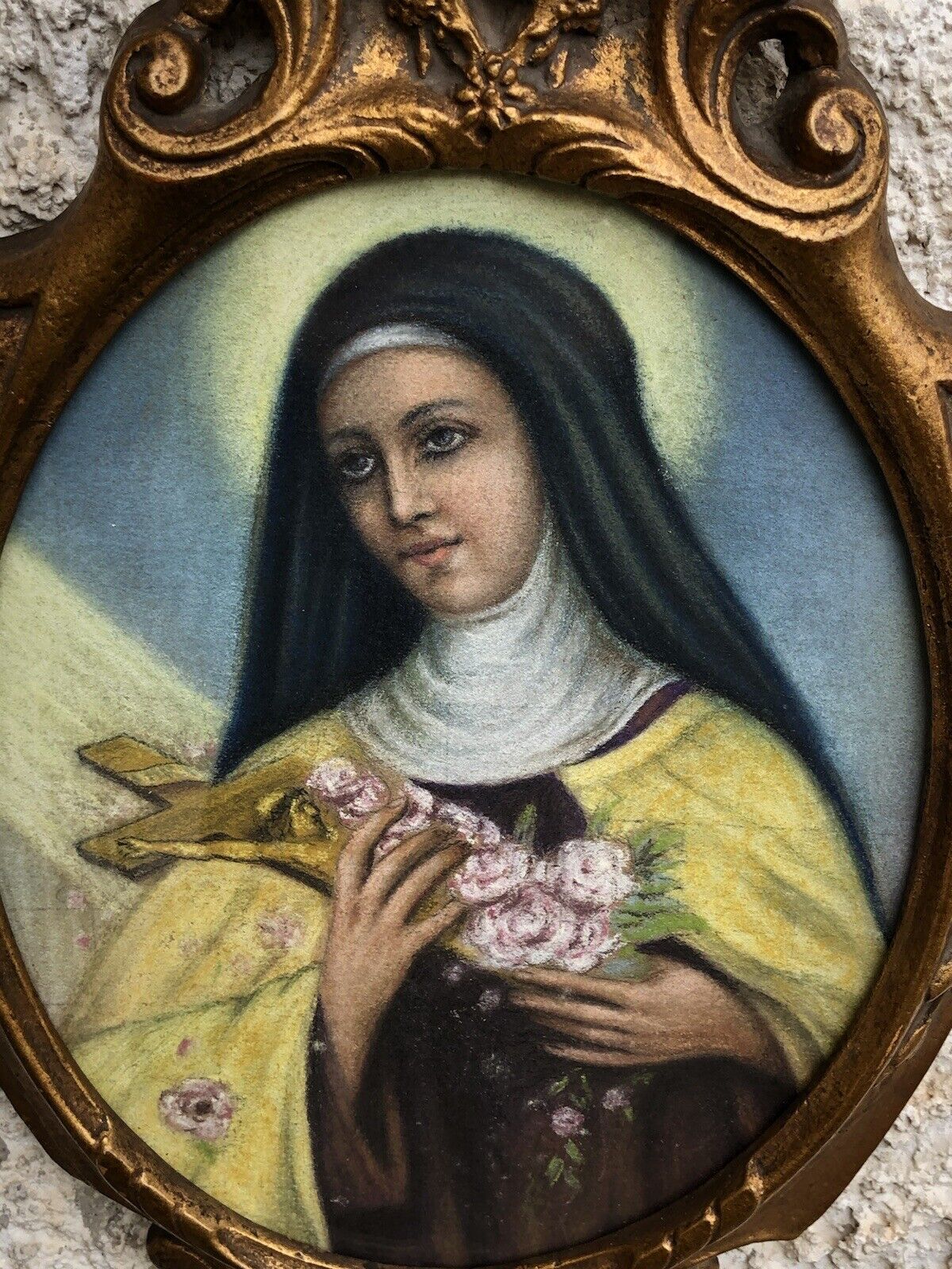 Quadro vintage -Santa Rita Da Cascia- realizzato  a pastello su cartoncino