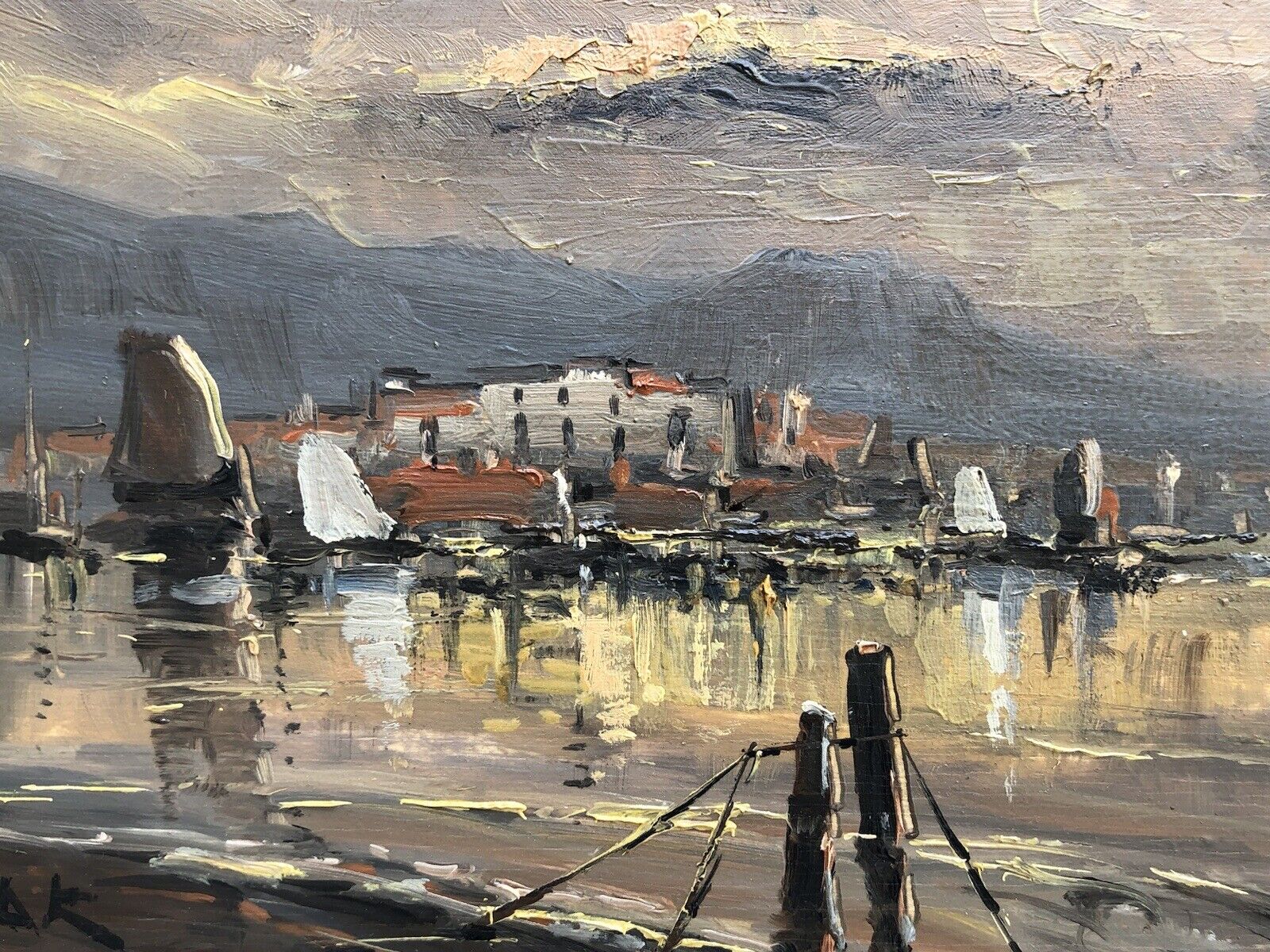 Quadro vintage -Marina Al Tramonto- dipinto a olio su tavoletta
