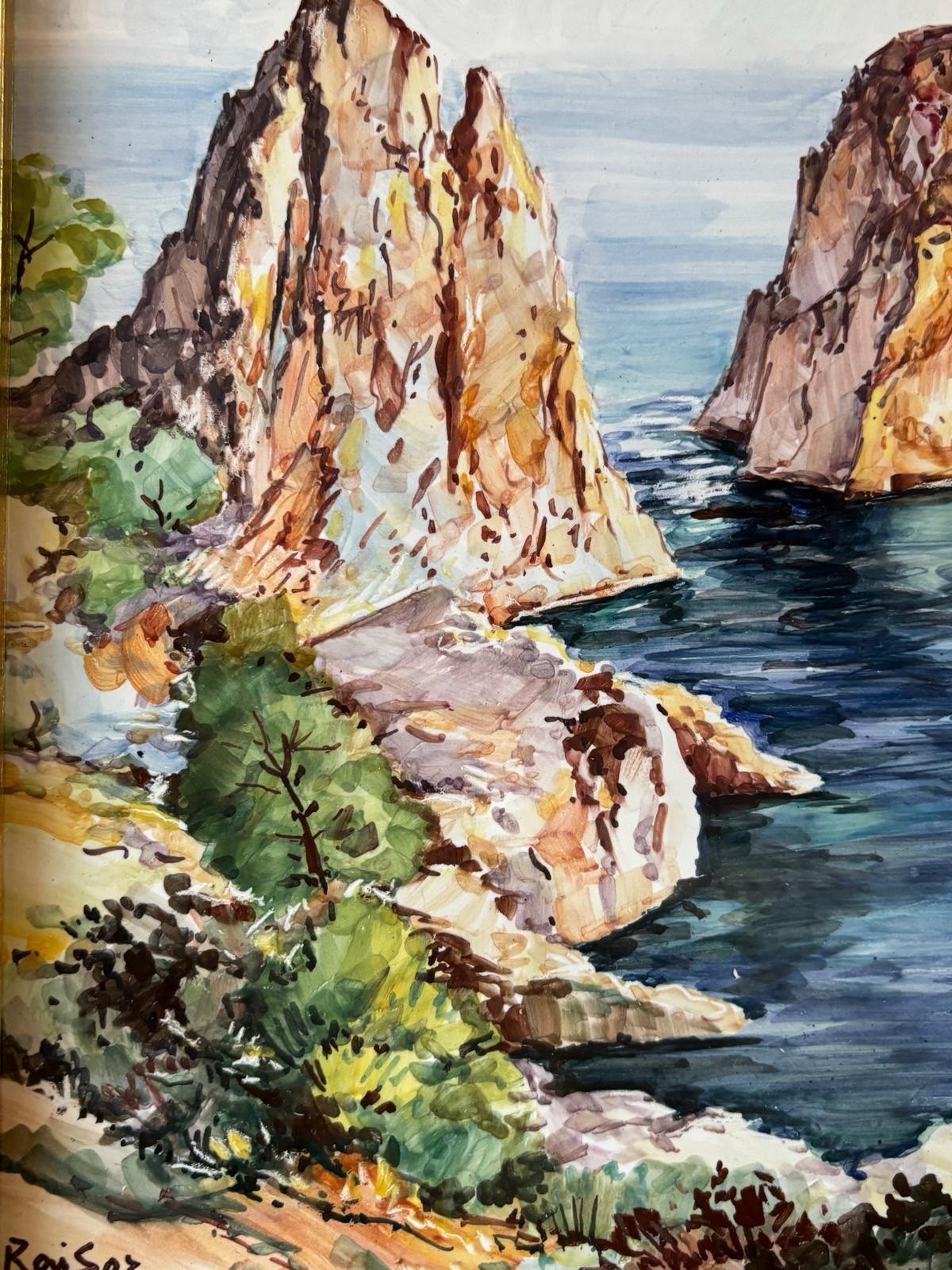 Quadro -Capri, I Faraglioni- dipinto su mattonella