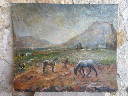 Vecchio quadro -Cavalli Al Pascolo- Ferruccio Torraca- dipinto a olio