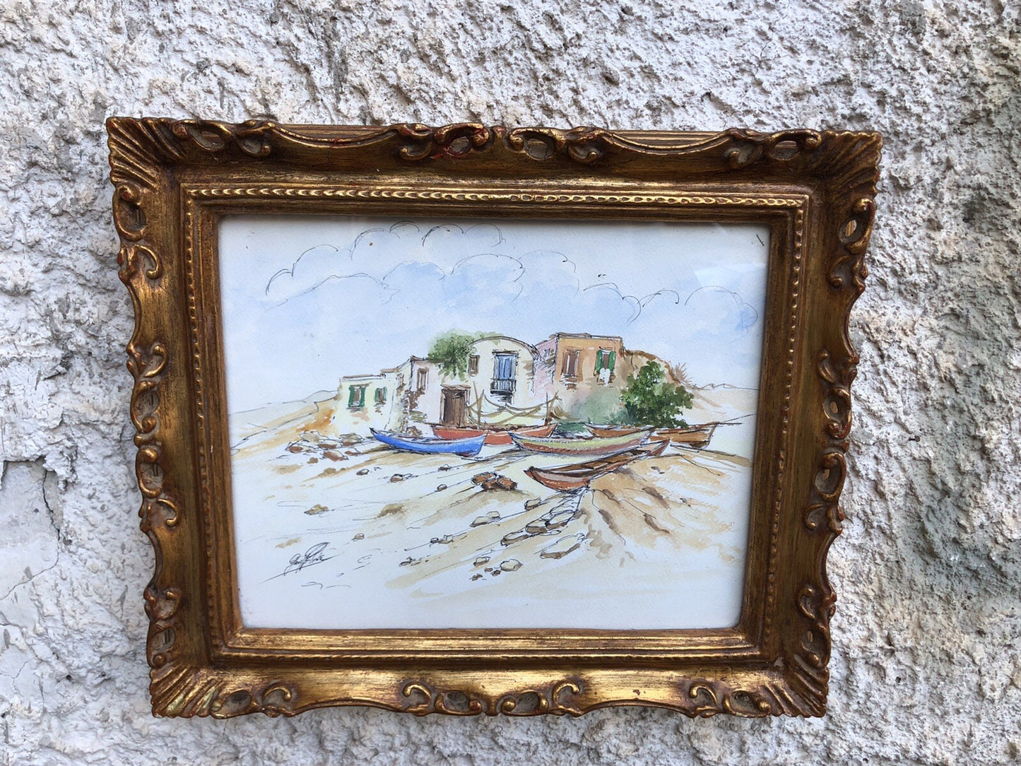 QUADRO VINTAGE-PAESAGGIO CON BARCHE-DIPINTO AD ACQUERELLO SU CARTA
