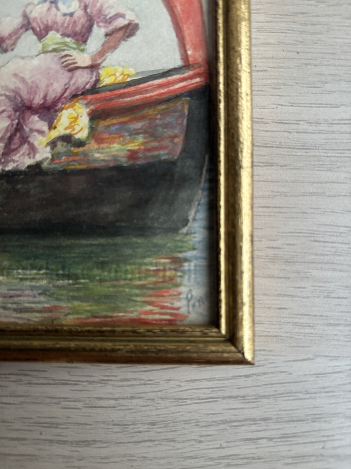 Piccolo quadro miniatura -Donna Su Barca- realizzato ad acquerello su carta