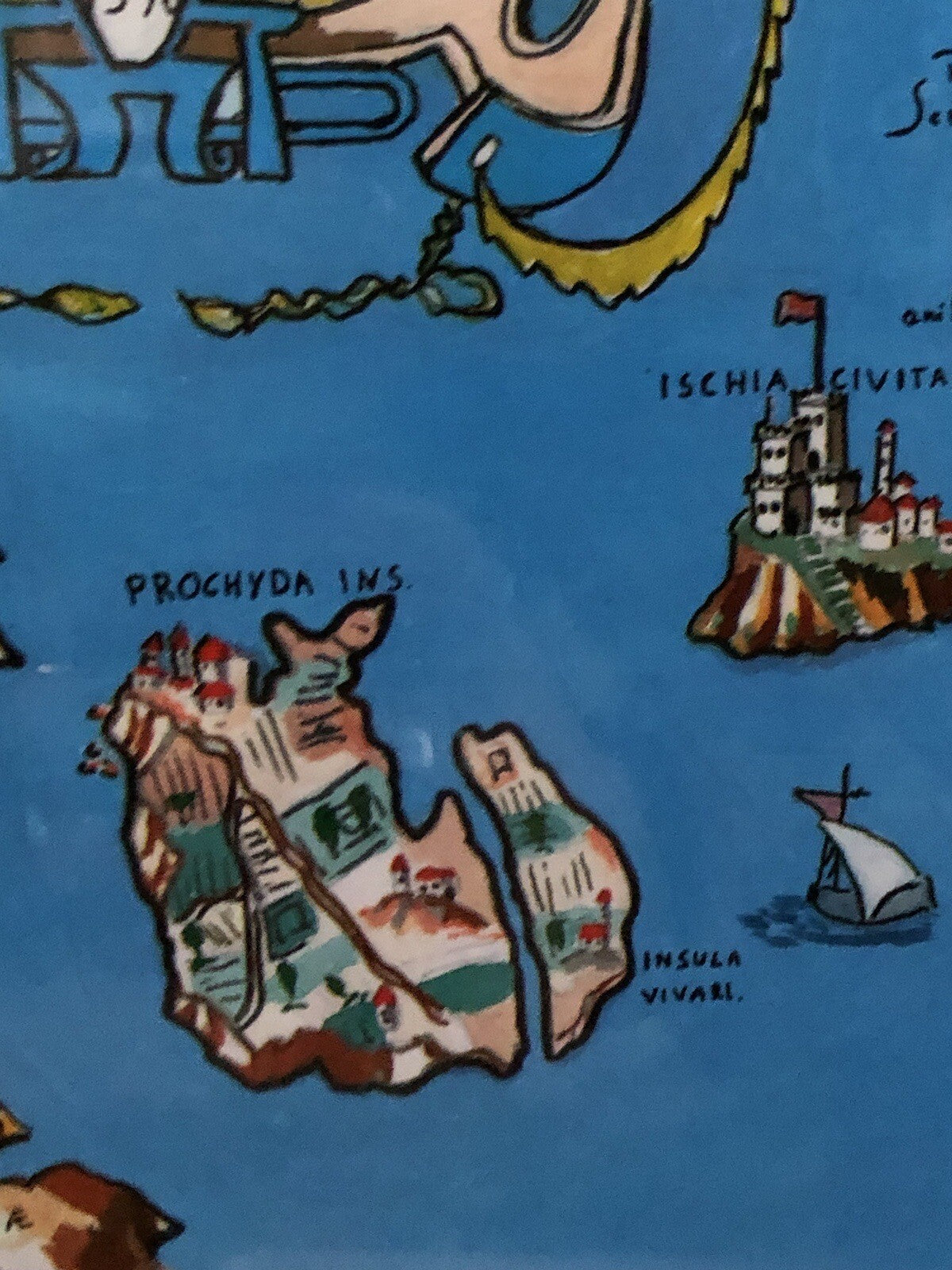 Mappa Vintage -Ischia Aenaria Antica- Dipinta Ad Acquerello E Tempera Su Carta