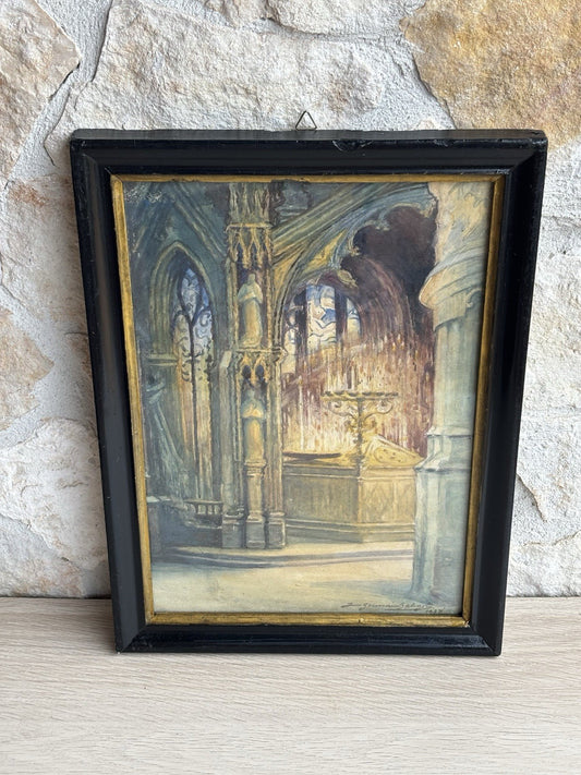 Quadro antico -Cattedrale- dipinto ad acquerello su carta