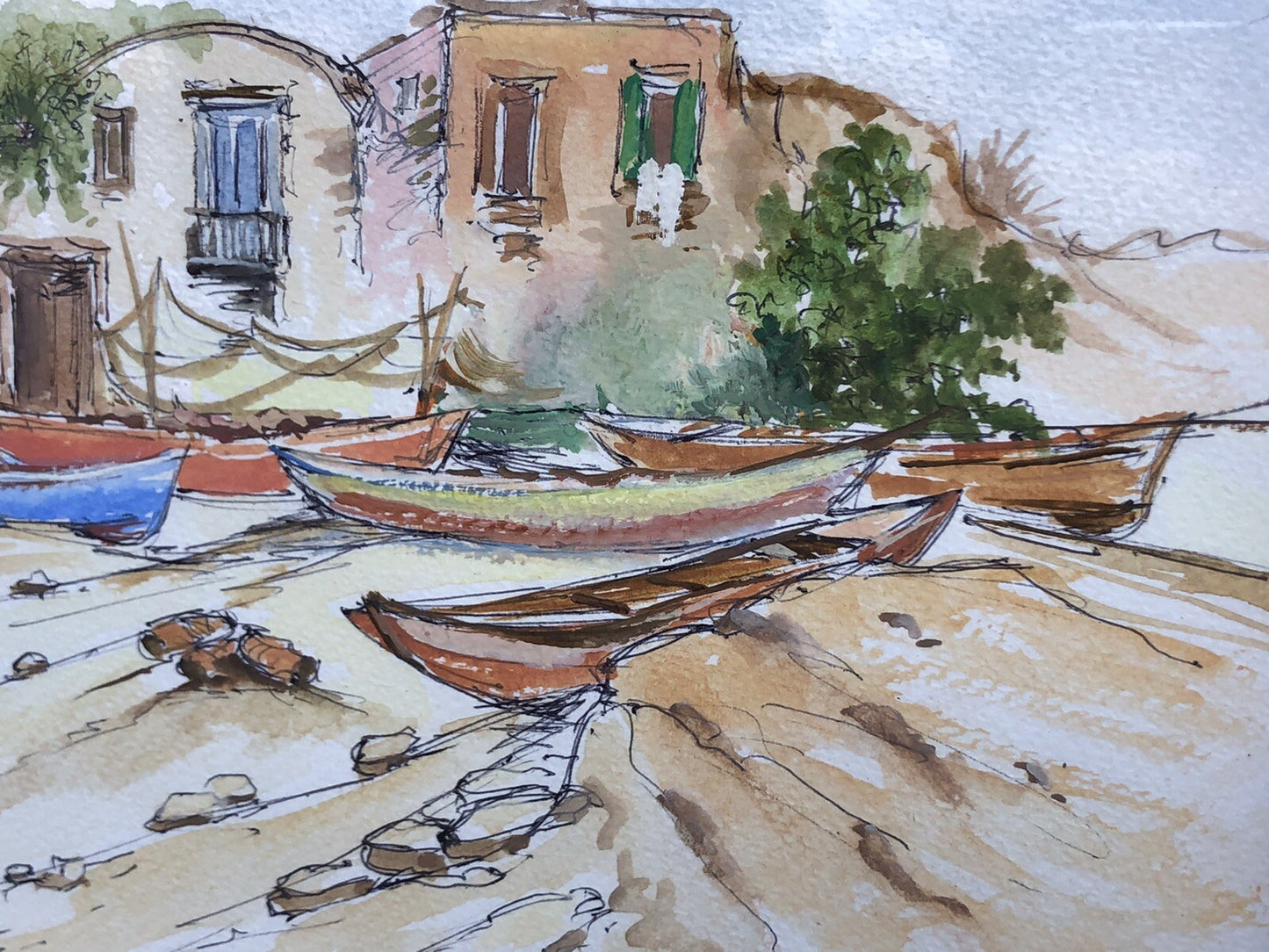 QUADRO VINTAGE-PAESAGGIO CON BARCHE-DIPINTO AD ACQUERELLO SU CARTA