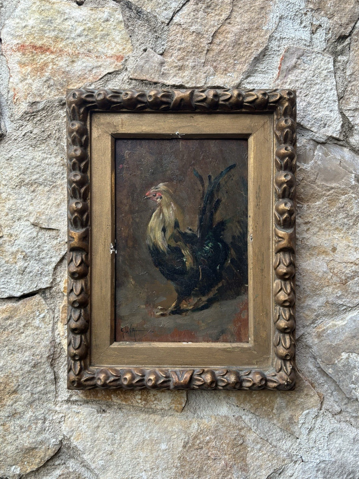 Quadro antico -Gallo- Giuseppe Uva dipinto a olio su tavoletta