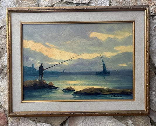 Quadro -Marina Con Pescatore- dipinto a olio