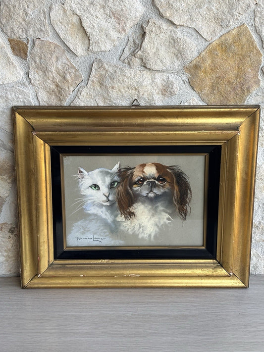 Quadro -Cane E Gatto- Marino Lenci realizzato a pastello su carta