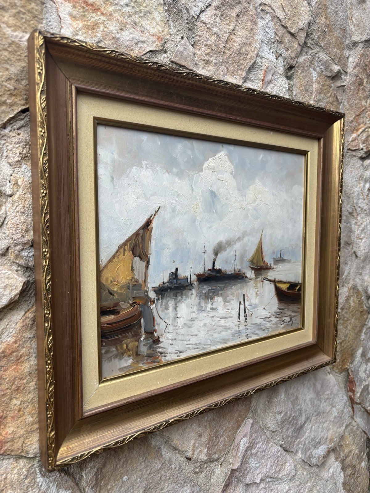 Quadro -Marina Con Barche- dipinto a olio