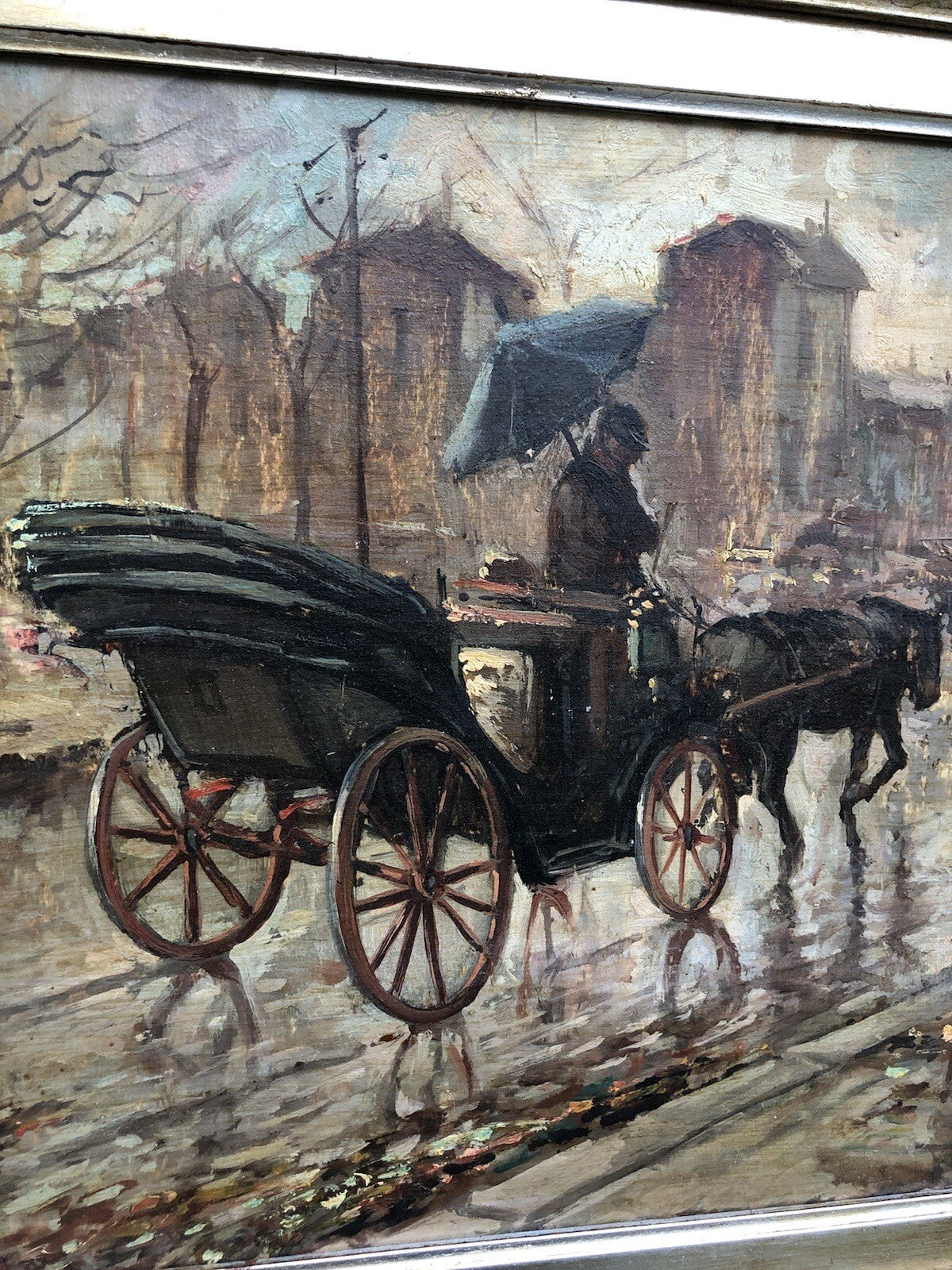 Quadro vintage -Carrozza Con Figure- dipinto a olio su tavoletta