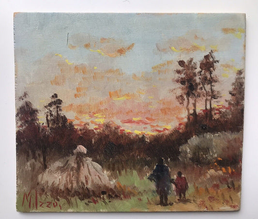 Quadro vintage -Tramonto-dipinto a olio su tavoletta