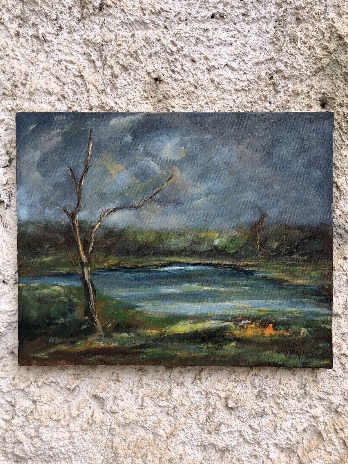 Quadro vintage -Paesaggio Con Lago- dipinto a olio su tela
