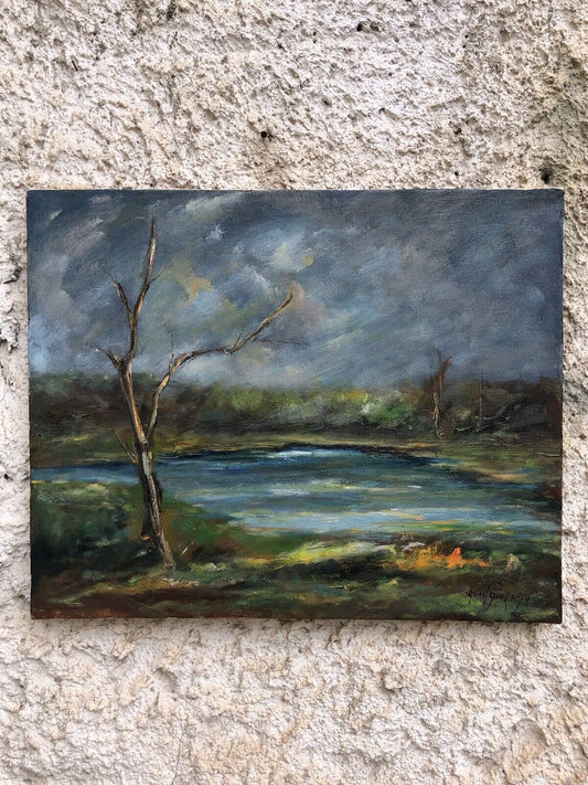 Quadro vintage -Paesaggio Con Lago- dipinto a olio su tela