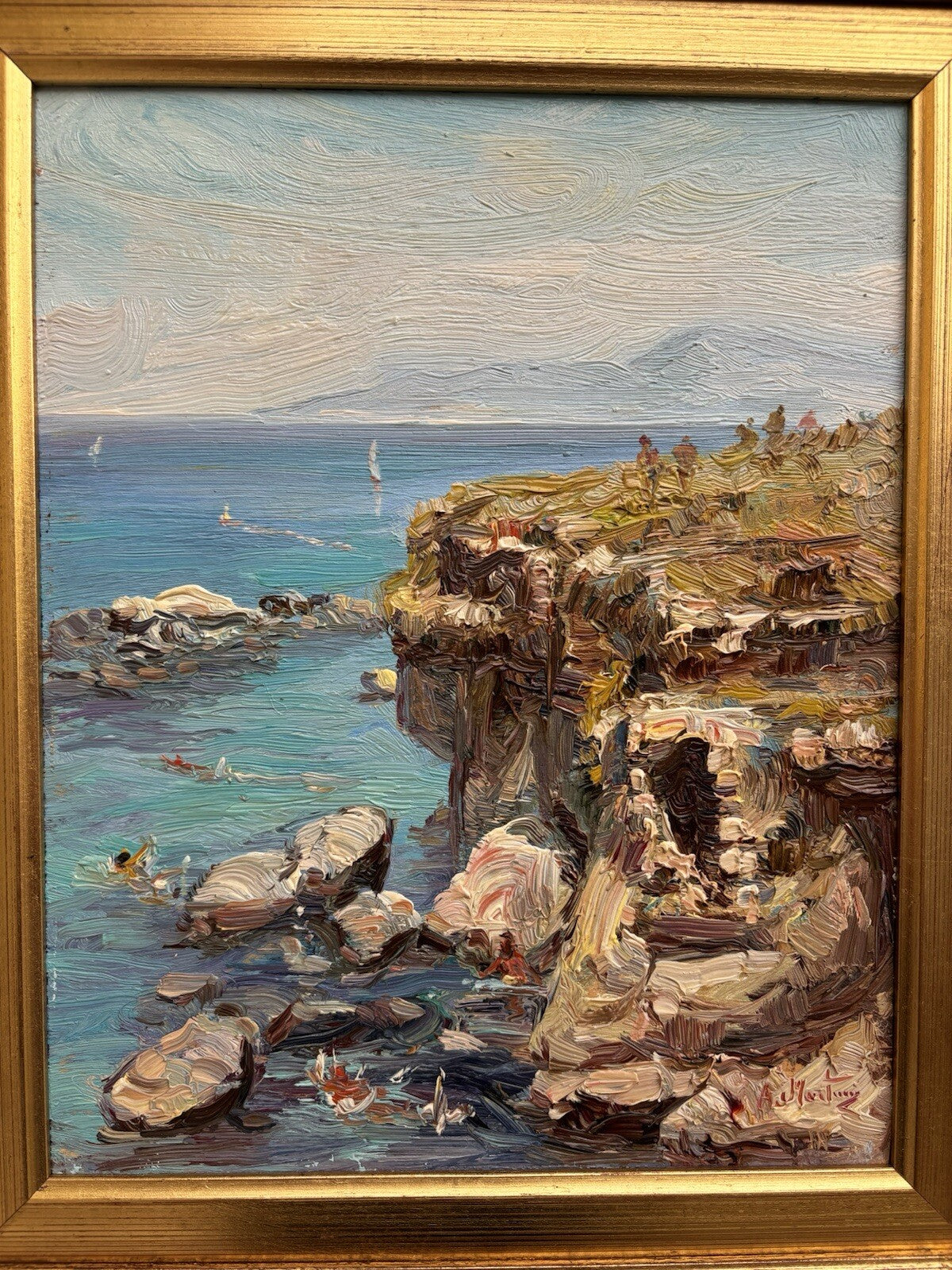 Quadro -Marina Con Bagnanti- dipinto a olio su tavoletta