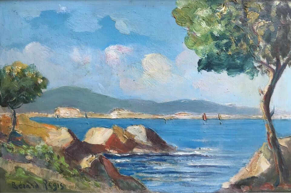 Antico quadro francese-Marina- dipinto a olio su masonite