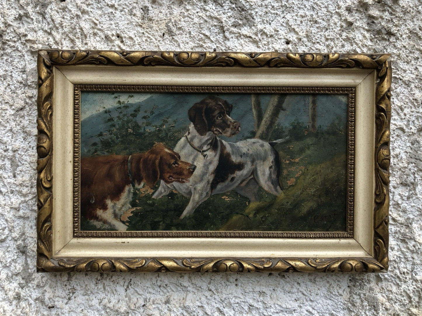 Quadro antico -Cani Da Caccia- dipinto a olio su tavola