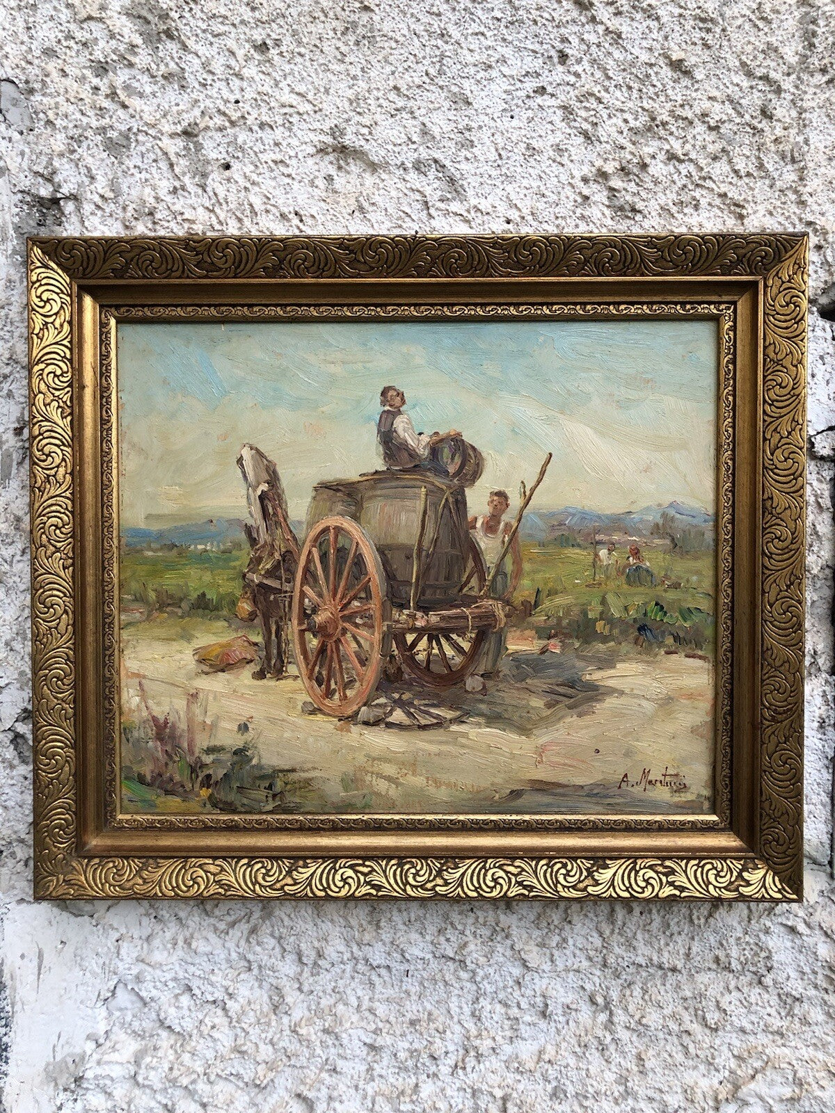 Quadro vintage -Paesaggio Con Carretto- dipinto a olio su tavoletta