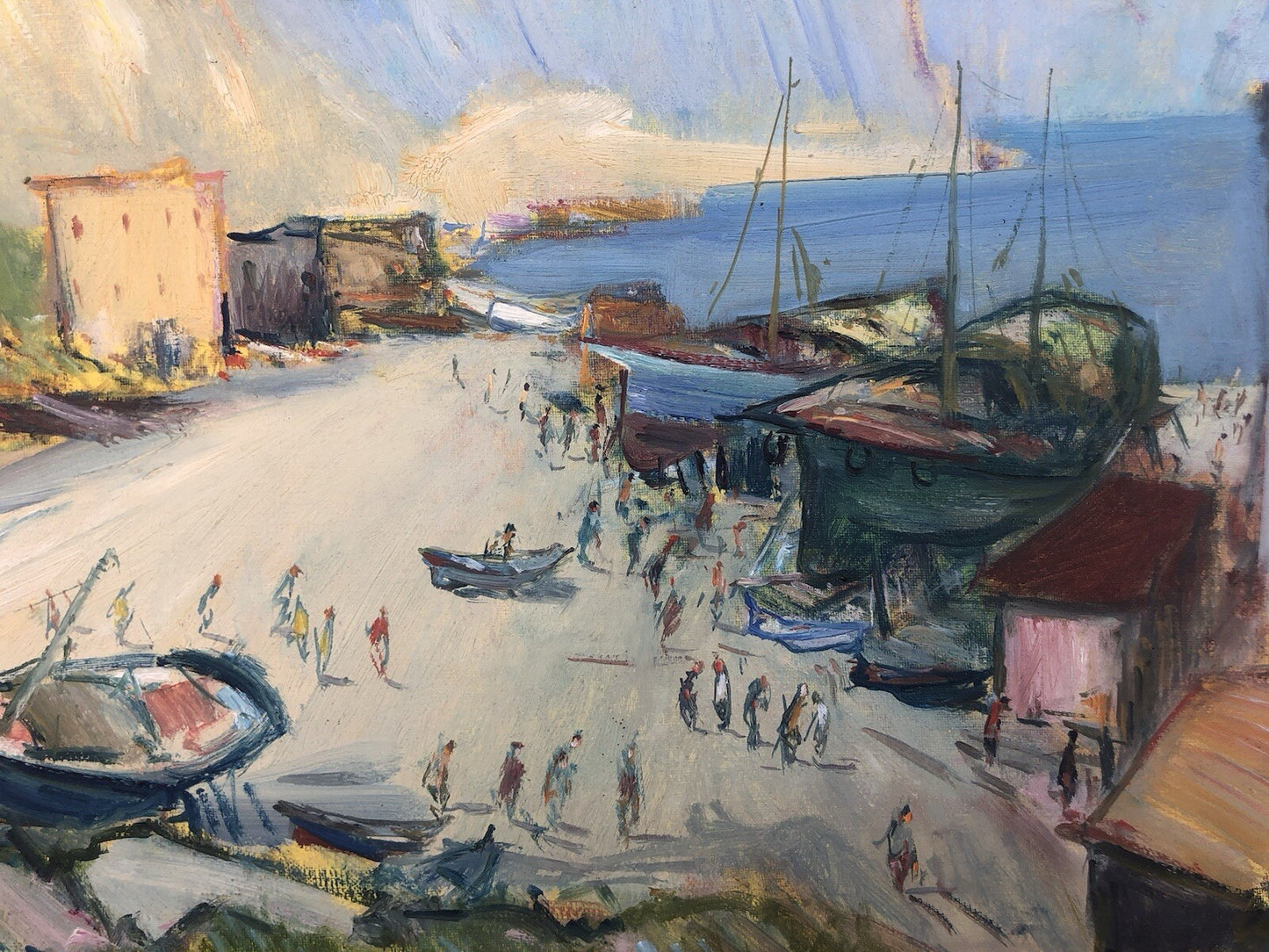 Quadro vintage -Porto Con Barche- dipinto a olio su tela