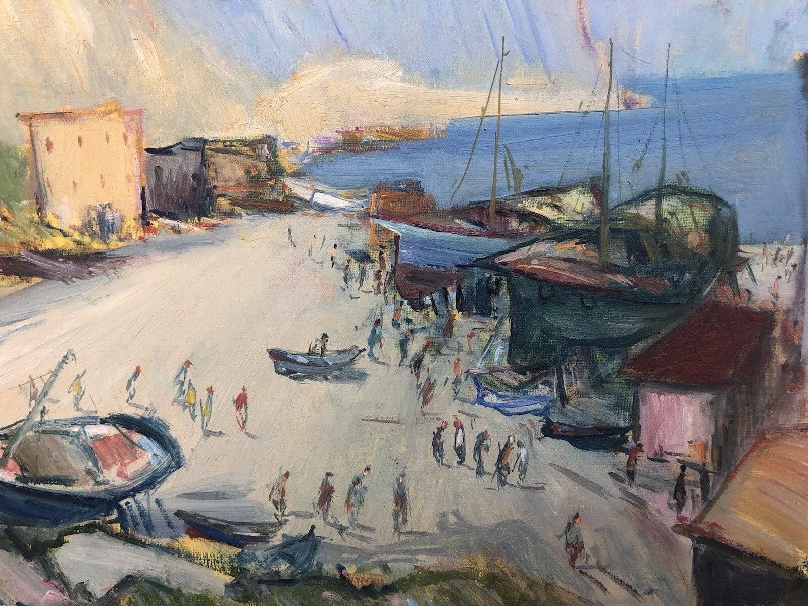 Quadro vintage -Porto Con Barche- dipinto a olio su tela