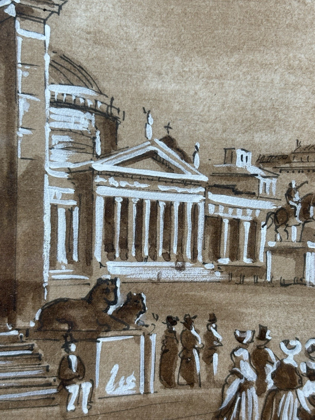 Quadro antico -Napoli, Piazza Plebiscito- realizzato a tecnica mista su carta