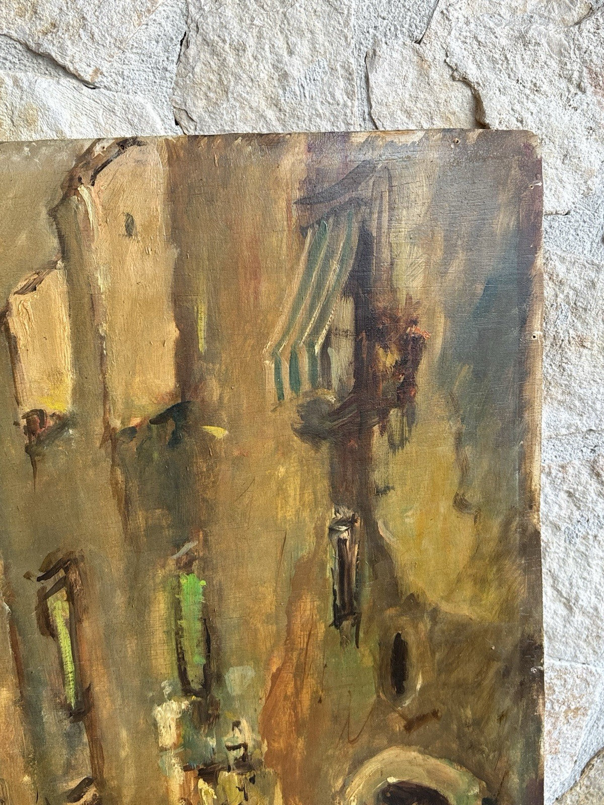 Quadro -Vicolo Con Figure- Raffaele Barscigliè dipinto a olio su tavoletta