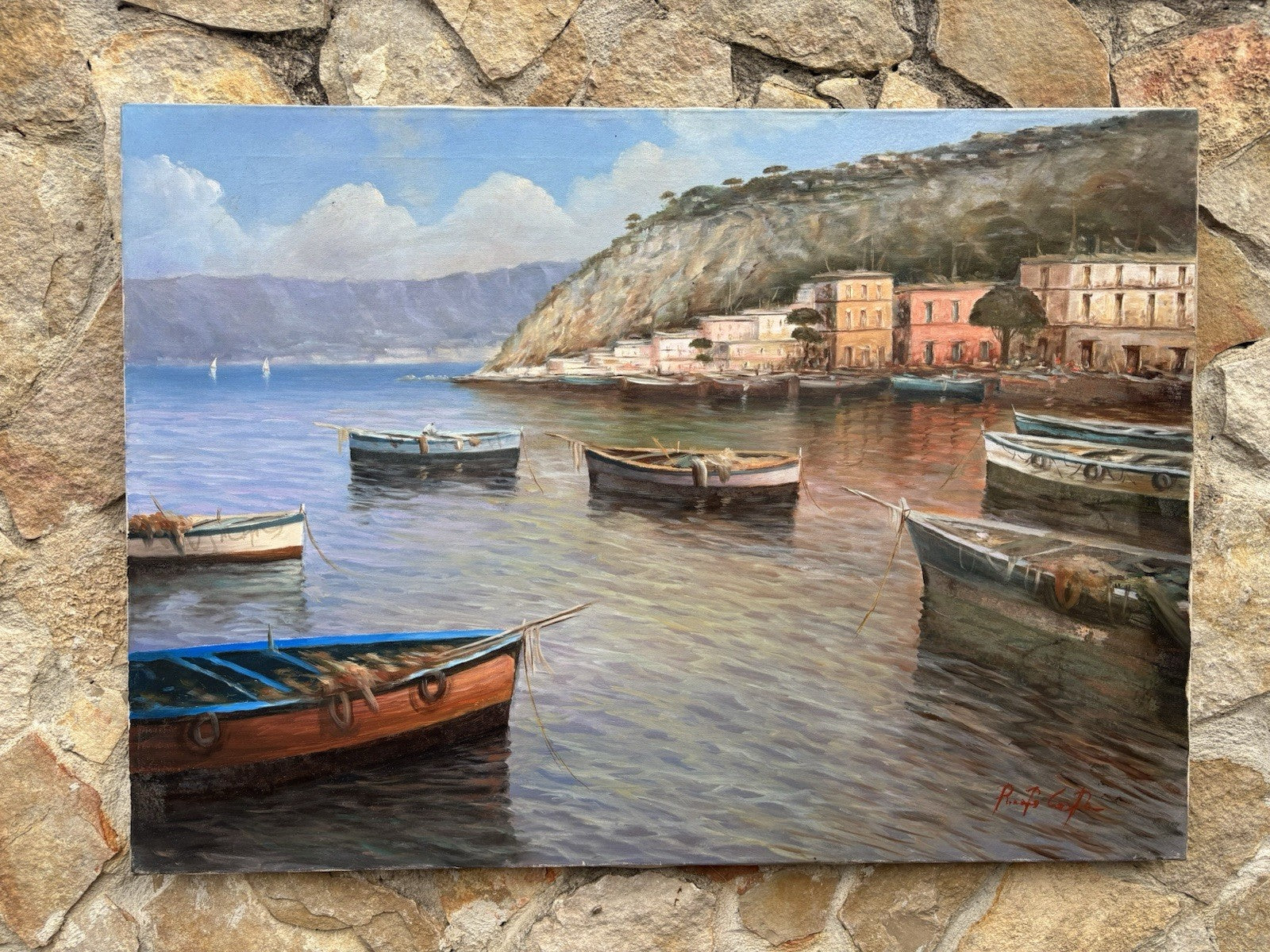 Quadro -Marina Con Barche- dipinto a olio su tela