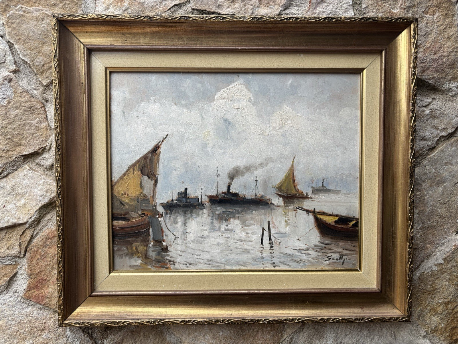 Quadro -Marina Con Barche- dipinto a olio