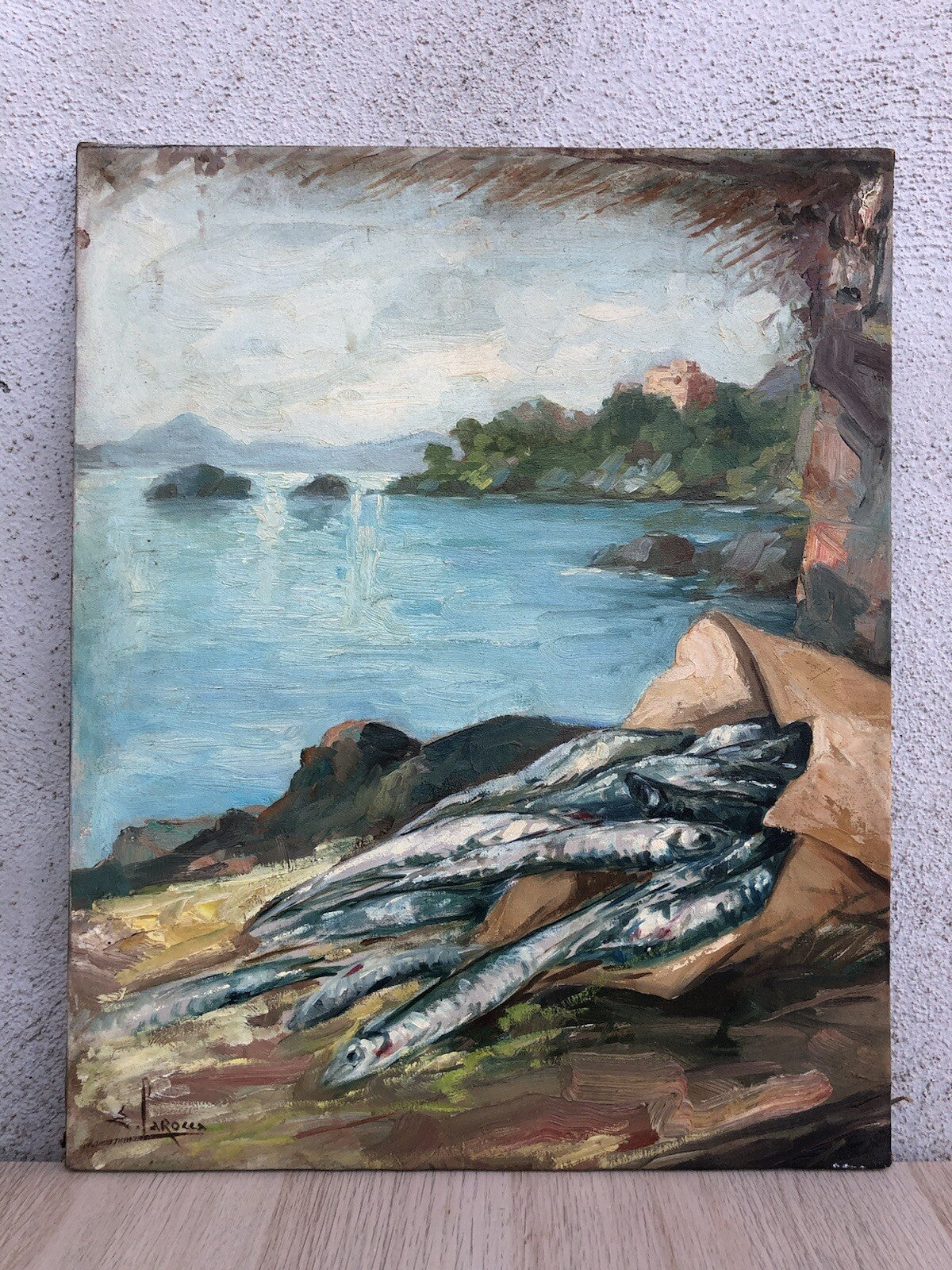 Quadro vintage -Paesaggio Con Natura Morta- dipinto a olio su tela