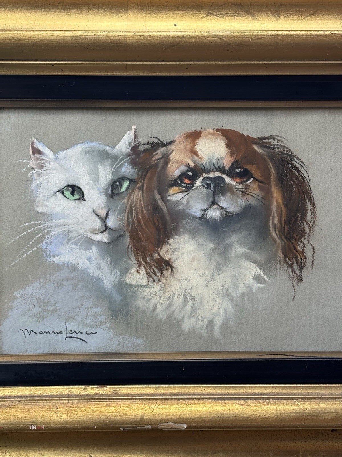 Quadro -Cane E Gatto- Marino Lenci realizzato a pastello su carta