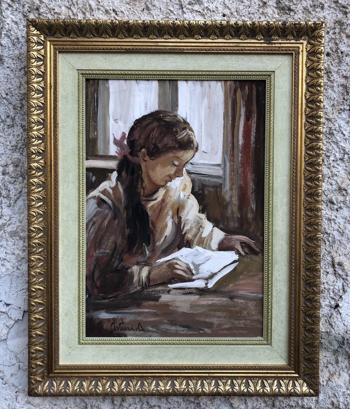 Quadro -Giovane Lettrice- Antonio Asturi tecnica mista su cartoncino