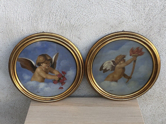 Coppia quadri vintage -Puttini- dipinti a olio su tela