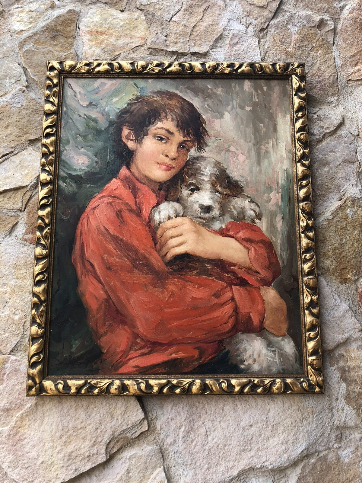 Quadro vintage -Fanciullo Con Cagnolino- dipinto a olio