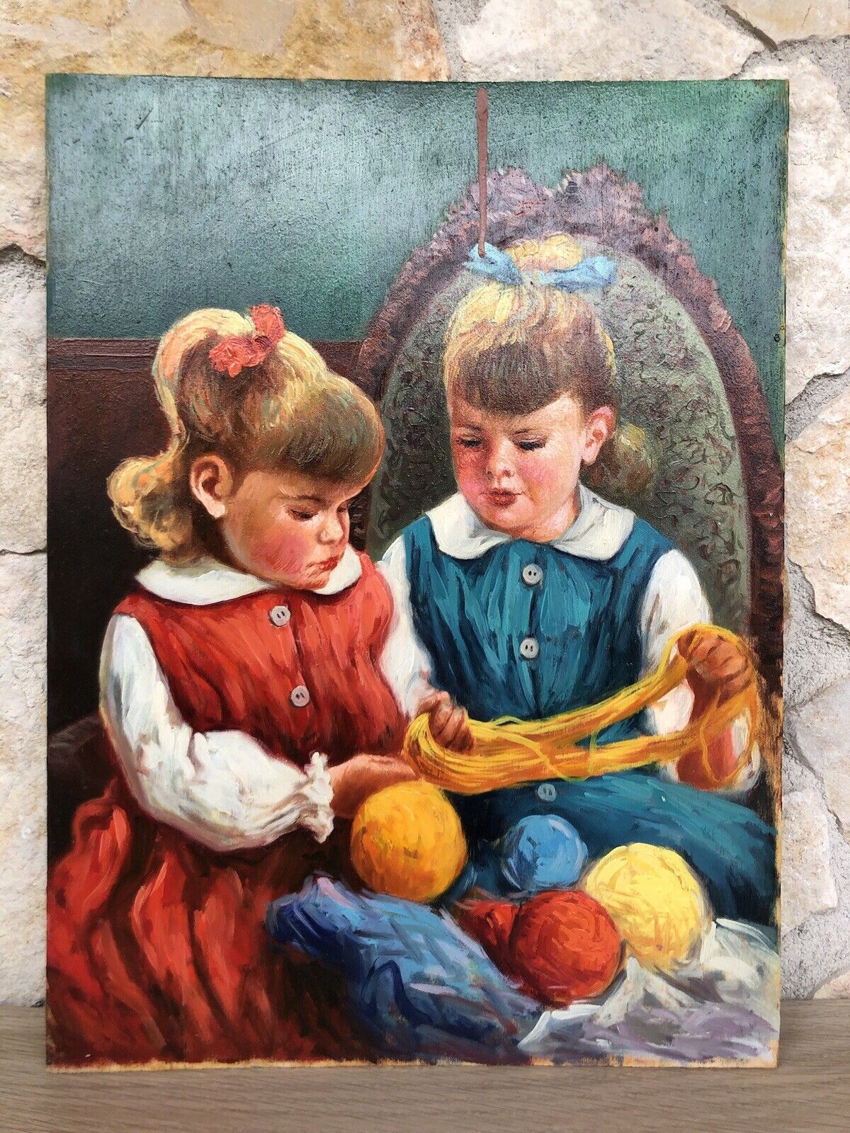 Quadro -Fanciulle Con Gomitoli Di Lana- dipinto a olio su tavoletta