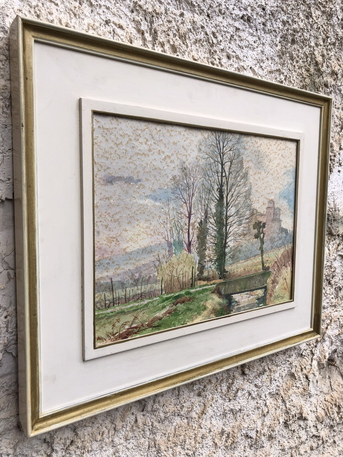 QUADRO VINTAGE -PAESAGGIO-DIPINTO AD ACQUERELLO SU CARTA